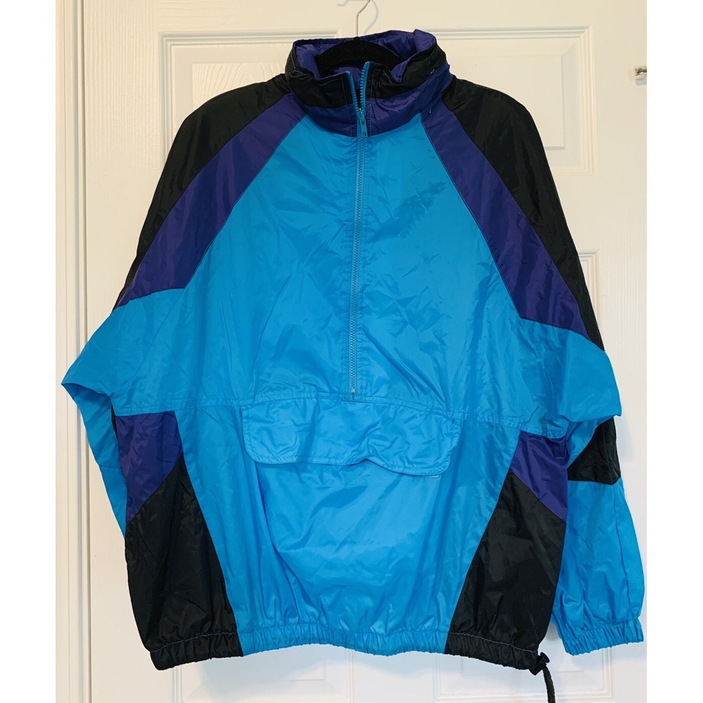 Vintage 90s Packable Windbreaker MTA Pro Anorak Teal‎ Purple Black Colorblock L